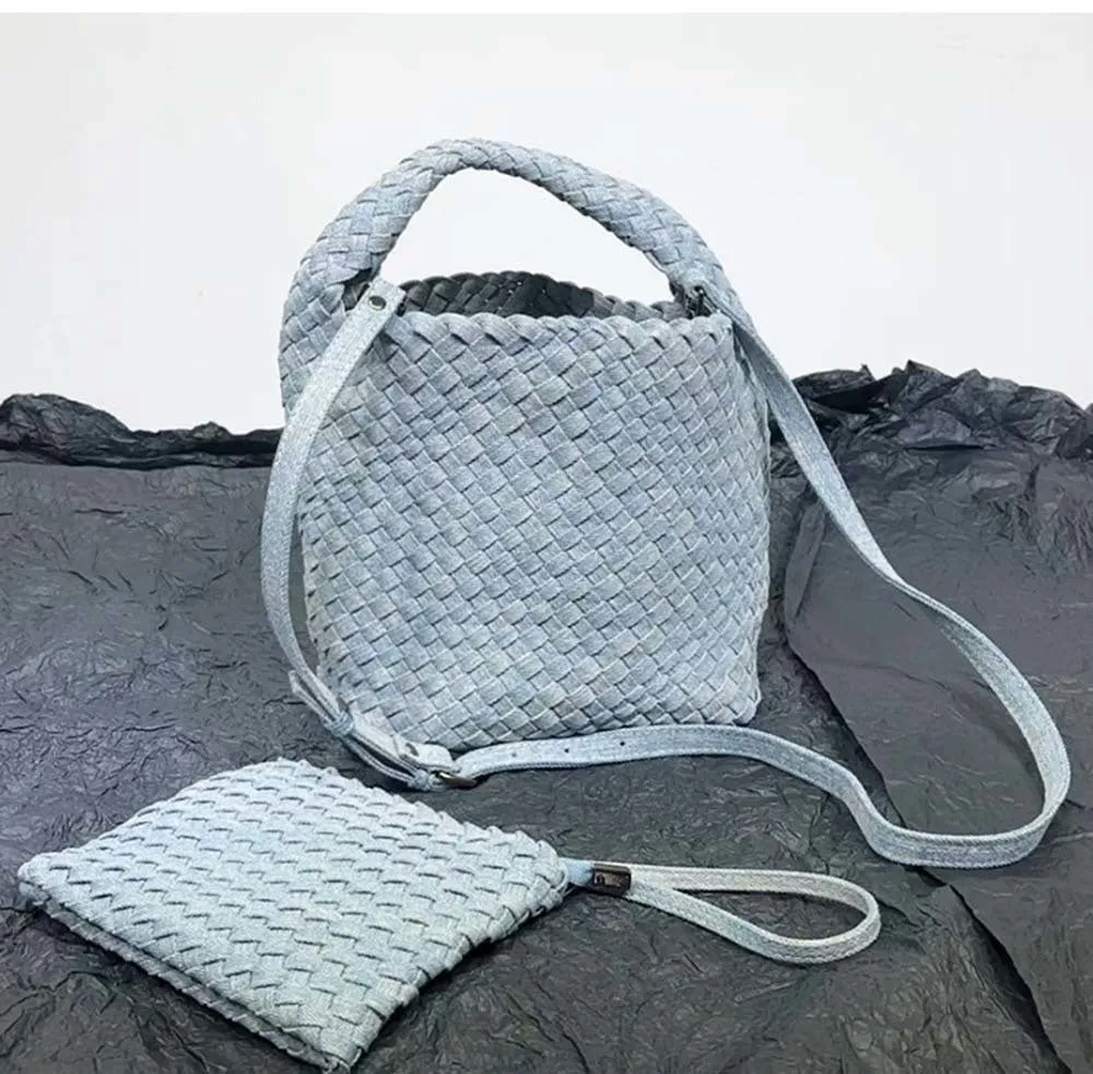Womens  Denim Woven Large Hobo Bucket Tote Bag With Pouch