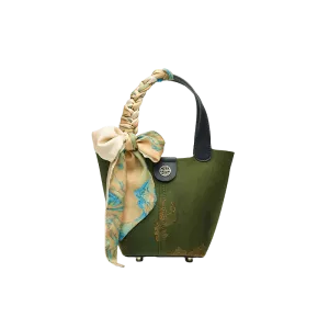 Xiangyunsha Silk Dark Green Bucket Bag with Scarf