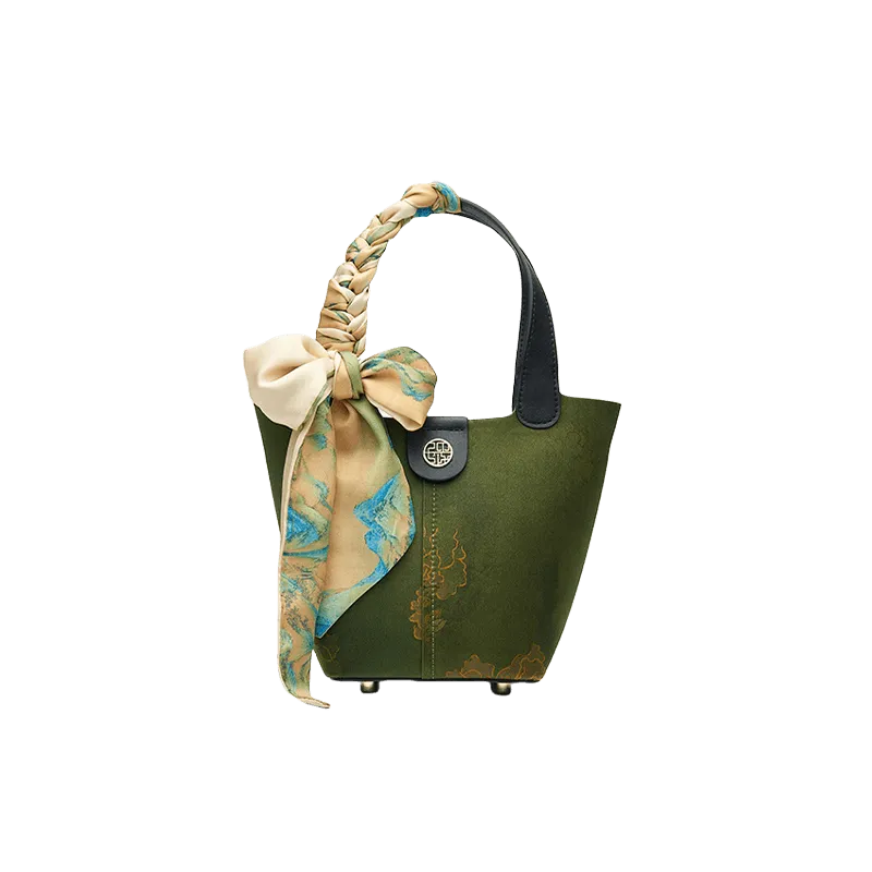Xiangyunsha Silk Dark Green Bucket Bag with Scarf