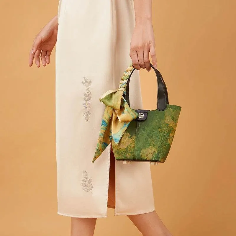 Xiangyunsha Silk Dark Green Bucket Bag with Scarf