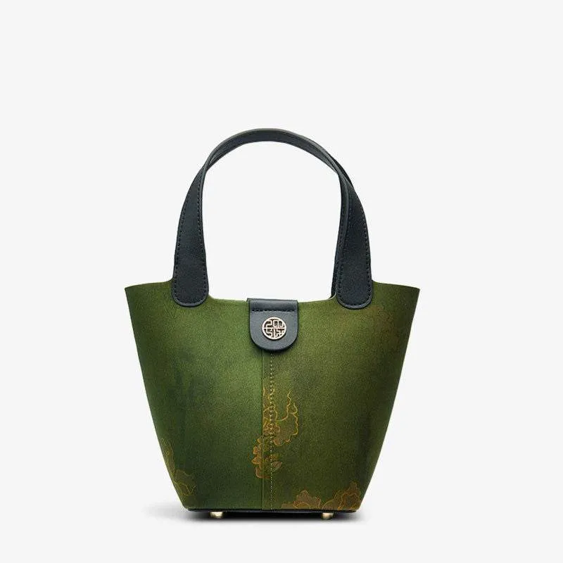 Xiangyunsha Silk Dark Green Bucket Bag with Scarf