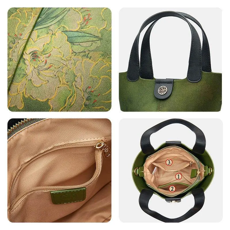 Xiangyunsha Silk Dark Green Bucket Bag with Scarf