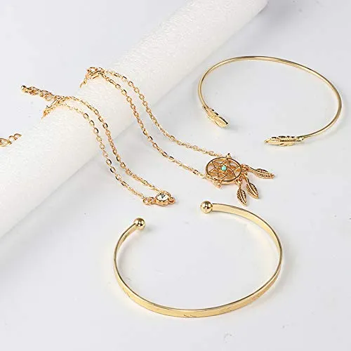 Yellow Chimes Combo of 4 Pcs/Set Boho Leaf Design Crystal Chain Vintage Dream Catcher Gold Plated Cuff Bracelet for Women and Girl's