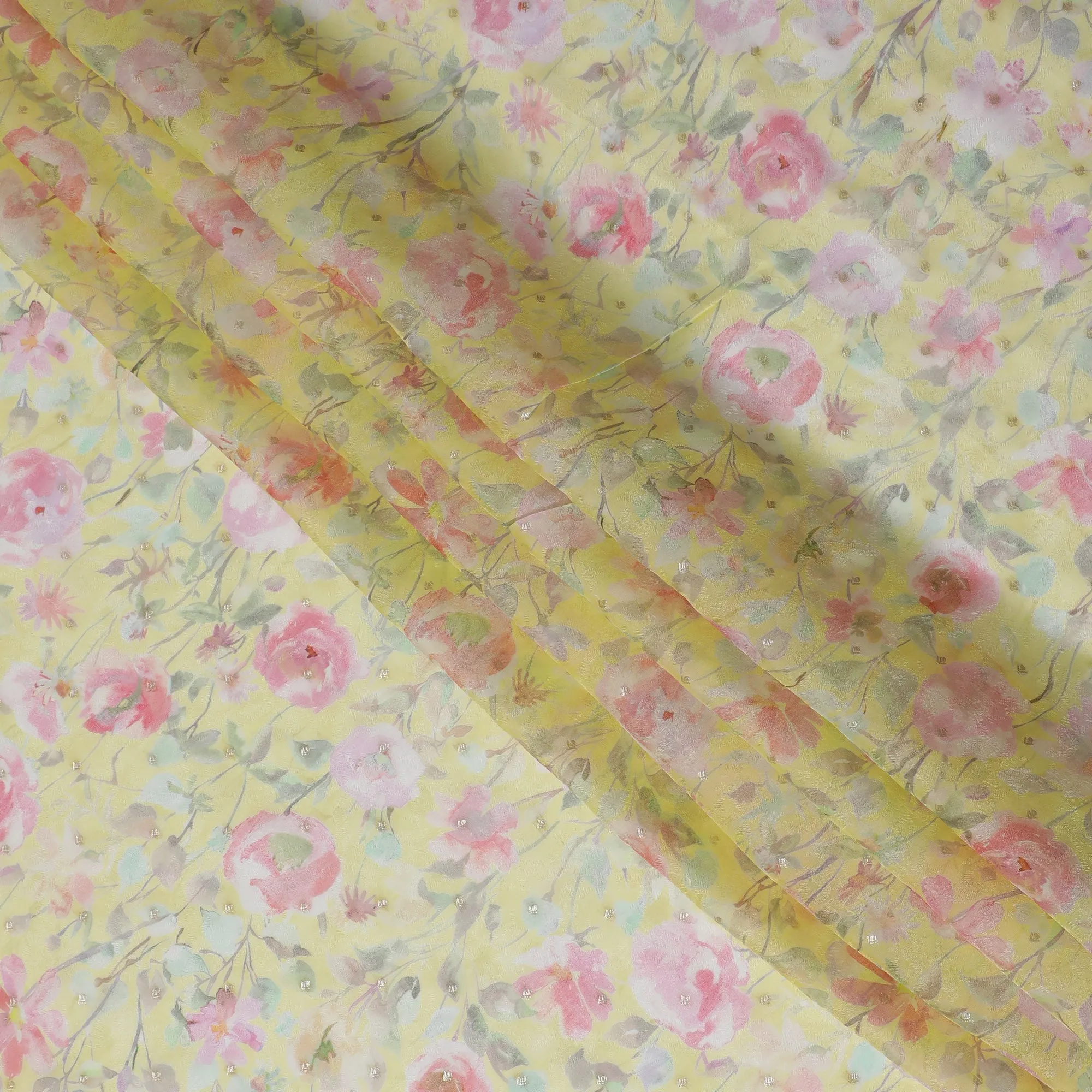 Yellow Floral Synthetic Organza Fabric - 110 cm Width, Made in India-D19631