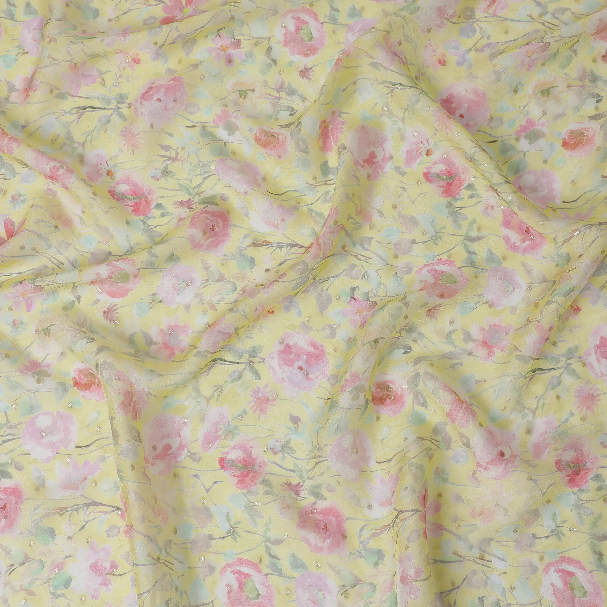 Yellow Floral Synthetic Organza Fabric - 110 cm Width, Made in India-D19631