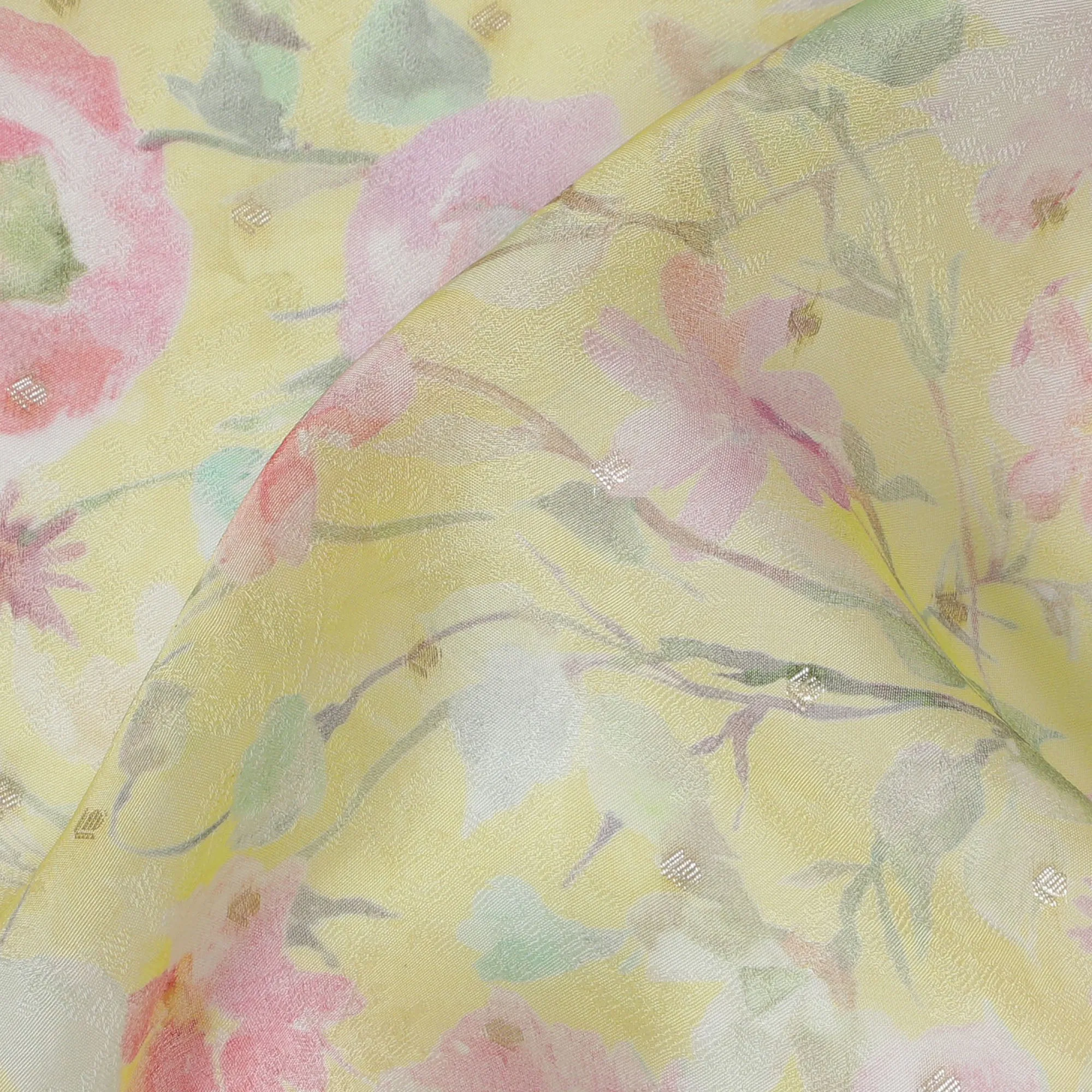 Yellow Floral Synthetic Organza Fabric - 110 cm Width, Made in India-D19631