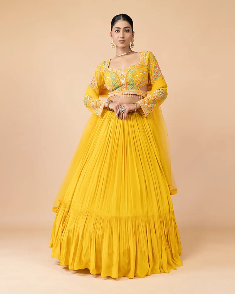 Yellow Lehenga Choli with Long sleeves Blouse and Net Dupatta