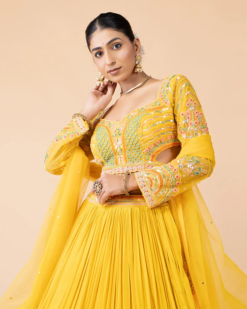 Yellow Lehenga Choli with Long sleeves Blouse and Net Dupatta