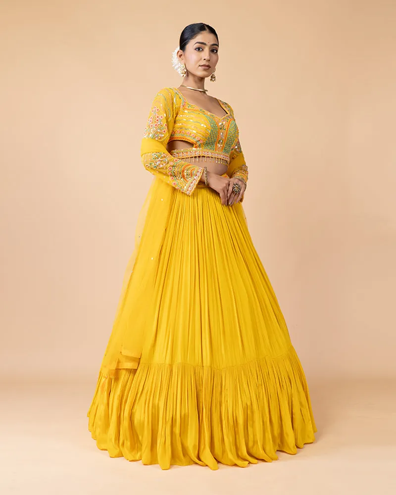 Yellow Lehenga Choli with Long sleeves Blouse and Net Dupatta
